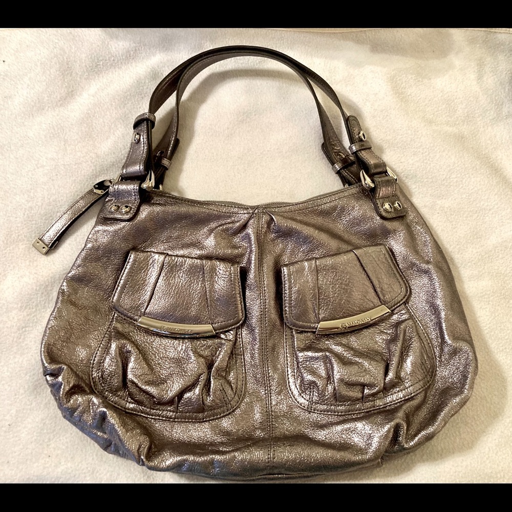 B. Makowsky Metallic Leather Shoulder Bag Purse  Pewter Silver EUC w/ Dustbag